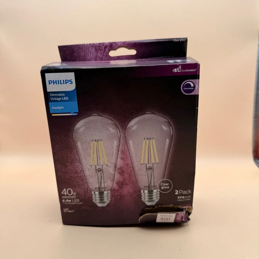 Pack of 2 Philips LED Vintage Flicker-Free Clear Straight ST19 Dimmable, Eyecom